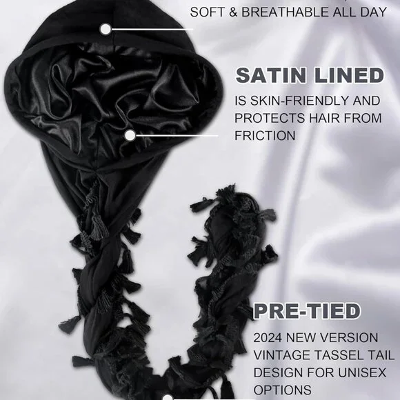 Halo Turban for Men Women Satin Lined Durag Head Wraps Skull Cap Pre-Tied Tassel - Picture 2 of 9